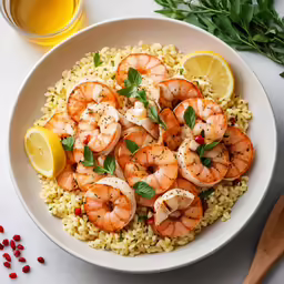 a bowl filled with rice topped with shrimp and parsley