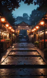 a very dark and wet town that is full of lanterns