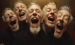 a group of smiling men screaming in the bathroom