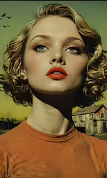 a woman with bright red lips standing in front of a barn