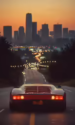a car driving down the middle of a road with the city in the background