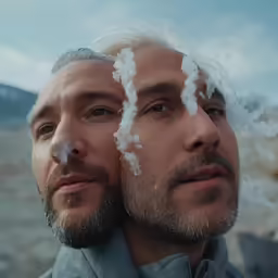 a man in grey shirt and a man with clouds painted on their face