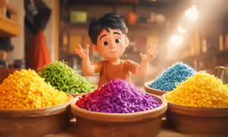 an animated character in a set of bowls of colorful rice