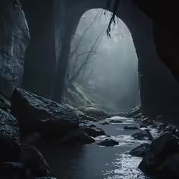 dark forest with rocks and water in it