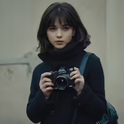 a person is holding a camera while looking into the camera