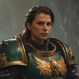 a female knight looks towards the camera with her hair in pigtails