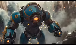 a robot with big eyes standing on a rocky hillside