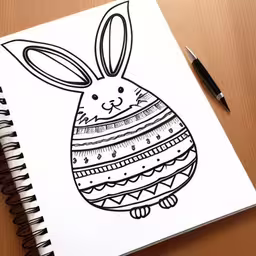 an ink drawing of a bunny wearing a egg,a drawing of a bunny with eggs on it,a drawing of an easter bunny with a large egg on it,a bunny rabbit with eggs and geometrics drawn on paper,a spiral - bound notebook with an drawn easter egg
