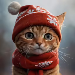 a brown and white cat wearing a red sweater and hat with snowflakes on it