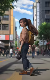 a woman with a ponytail standing on the side of a road