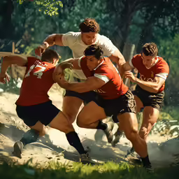 three men are trying to tackle the opposing players