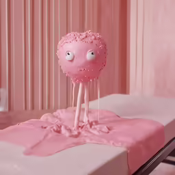 a pink bed in a bathroom has a very small monster on it
