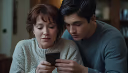 a couple looking at a cellphone while sitting in their room