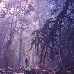 a lone man stands in the woods near a path