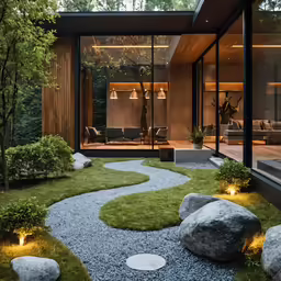 stone walkway with lawn and rocks in front of large glass wall