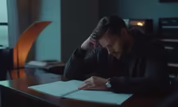 a man with dark hair and no one sitting at the desk is reading an open book
