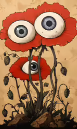 an art work depicting an eyeball in red flowers