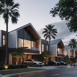 modern architectural style building at dusk with cars parked nearby
