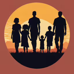this is a family portrait in front of a beautiful sunset,a family standing in front of a sunset over mountains