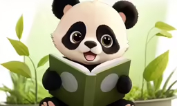 a panda bear is reading a book and smiling