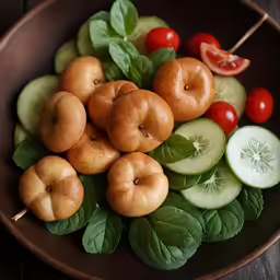 a bowl of cucumbers, tomatoes, and other vegetables are on the table