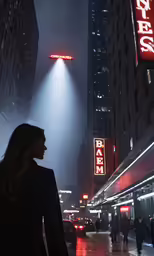 a woman walking on the street at night in the city