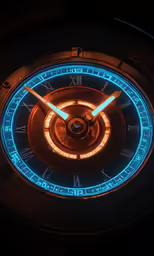 a glowing blue clock with a neon face
