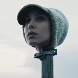 a woman wearing a winter hat and holding a pole with the wind