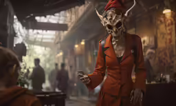 a person dressed as a demon standing in a restaurant