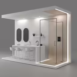 a white bathroom with a modern design with a shower