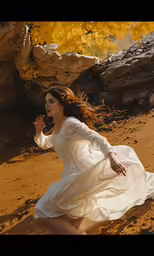 a beautiful young woman walking across a desert wearing a white dress