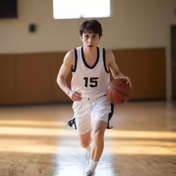a man running on a basketball court holding a ball