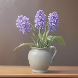 a white vase holding a bunch of purple flowers