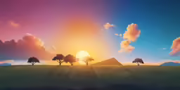 painting of colorful sunset over rolling grass with trees