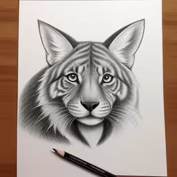pencil drawing of an animal on paper with a marker,an art print of a bobcat