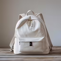 a white backpack sitting on top of a table