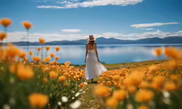 a woman in white is walking along the side of a road