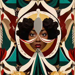 the poster shows an african american woman, as well as flowers and shapes,the afrocentric poster for an upcoming album
