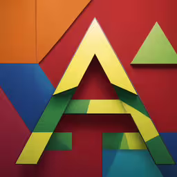 abstract red, green, yellow and blue shapes made from cardboard,colorful paper that includes two triangle shaped letters