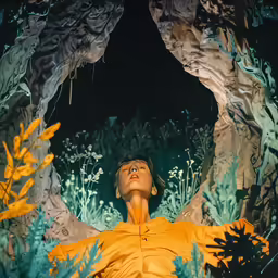 a woman laying down in a lush green field next to rocks and plants