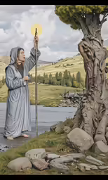 woman holding a round object standing next to a tree