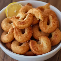dough rings in a white bowl with lemon wedges