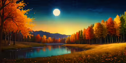 a painting of a lake near a tree,a painting of trees with colorful foliages and the moon