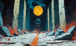 man walking in between pillars into an alien space