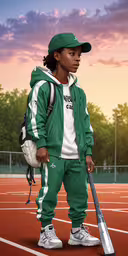 a boy is standing on a tennis court with a bat in one hand and wearing a cap, holding a baseball bat,a picture of an image of a person with a bat