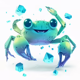 an crab is dancing among blue crystals