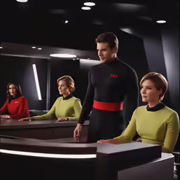 the crew of star trek from right to left captain kirken, princess leif and enterprise commander