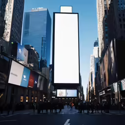 an empty city street with billboards that look like it is lit up