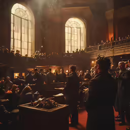 a crowd of people gather inside of an old building