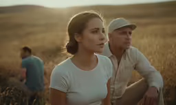 a man and a woman are in the middle of a field